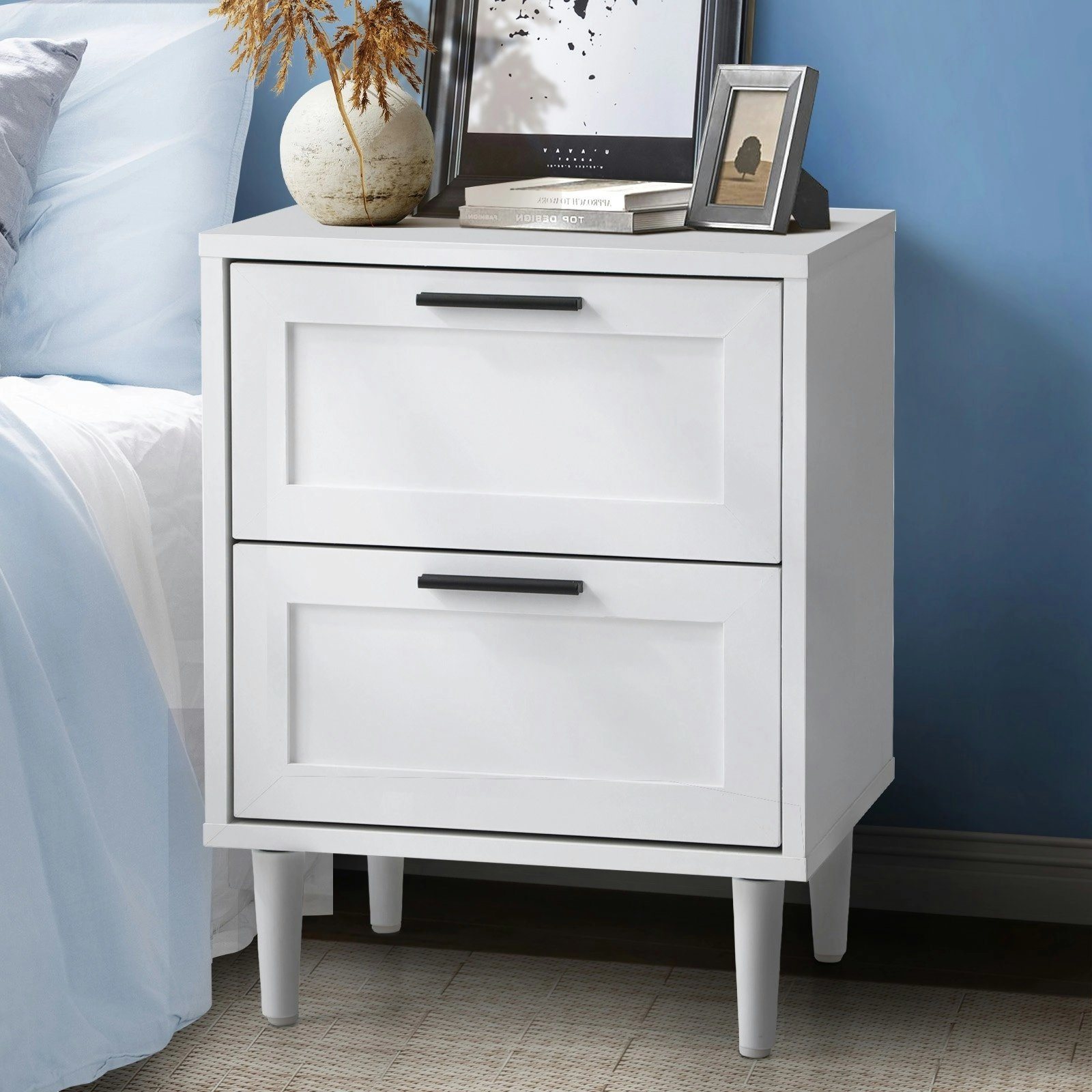 Oikiture Bedside Table Nightstand 2 Drawers Side End Table Bedroom Storage White