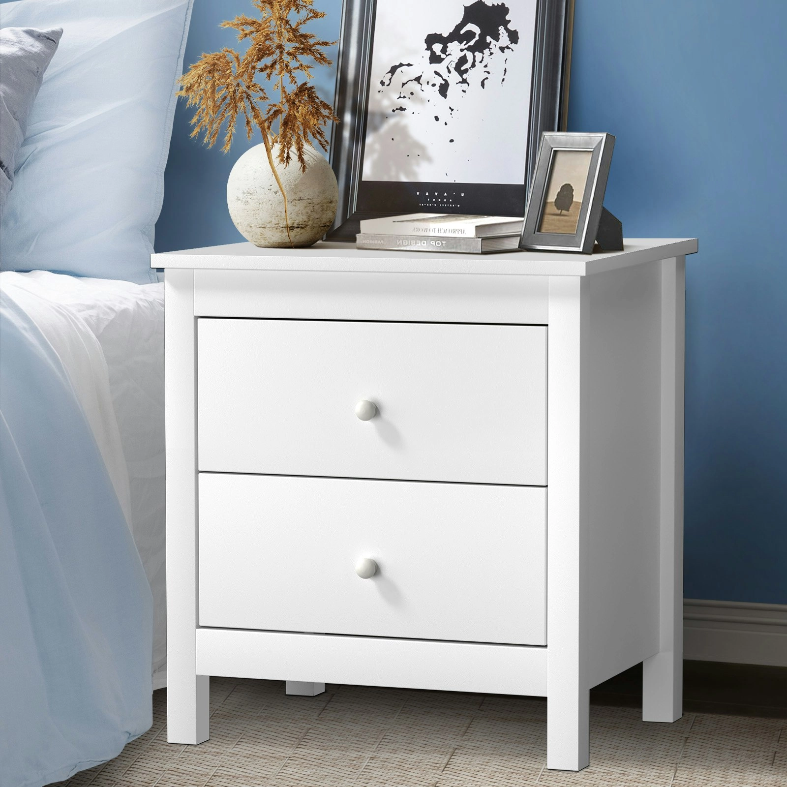 Oikiture Bedside Table Nightstand Side End Table Storage Cabinet 2 Drawers White