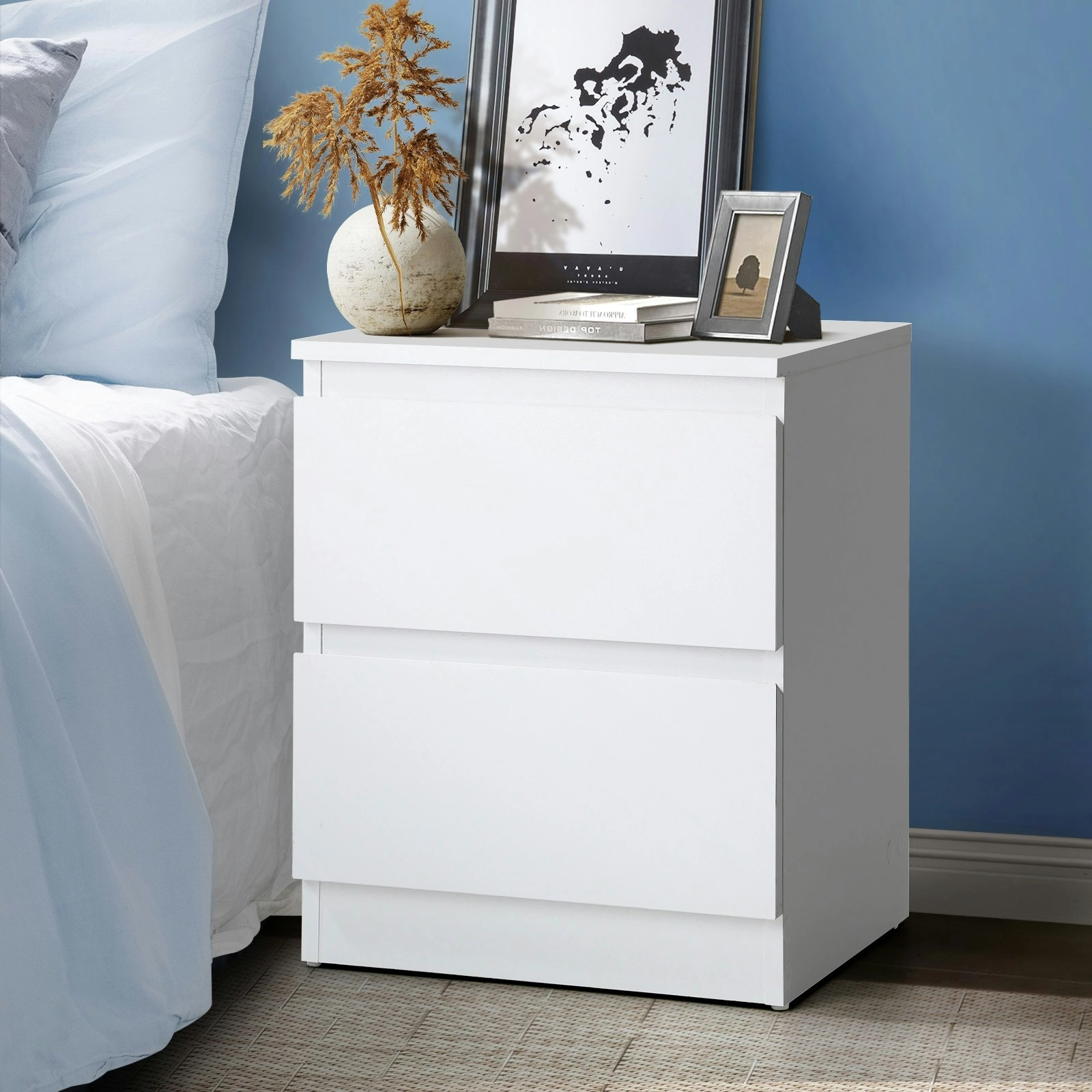 Oikiture Bedside Table Nightstand 2 Drawers Side End Table Storage Cabinet White