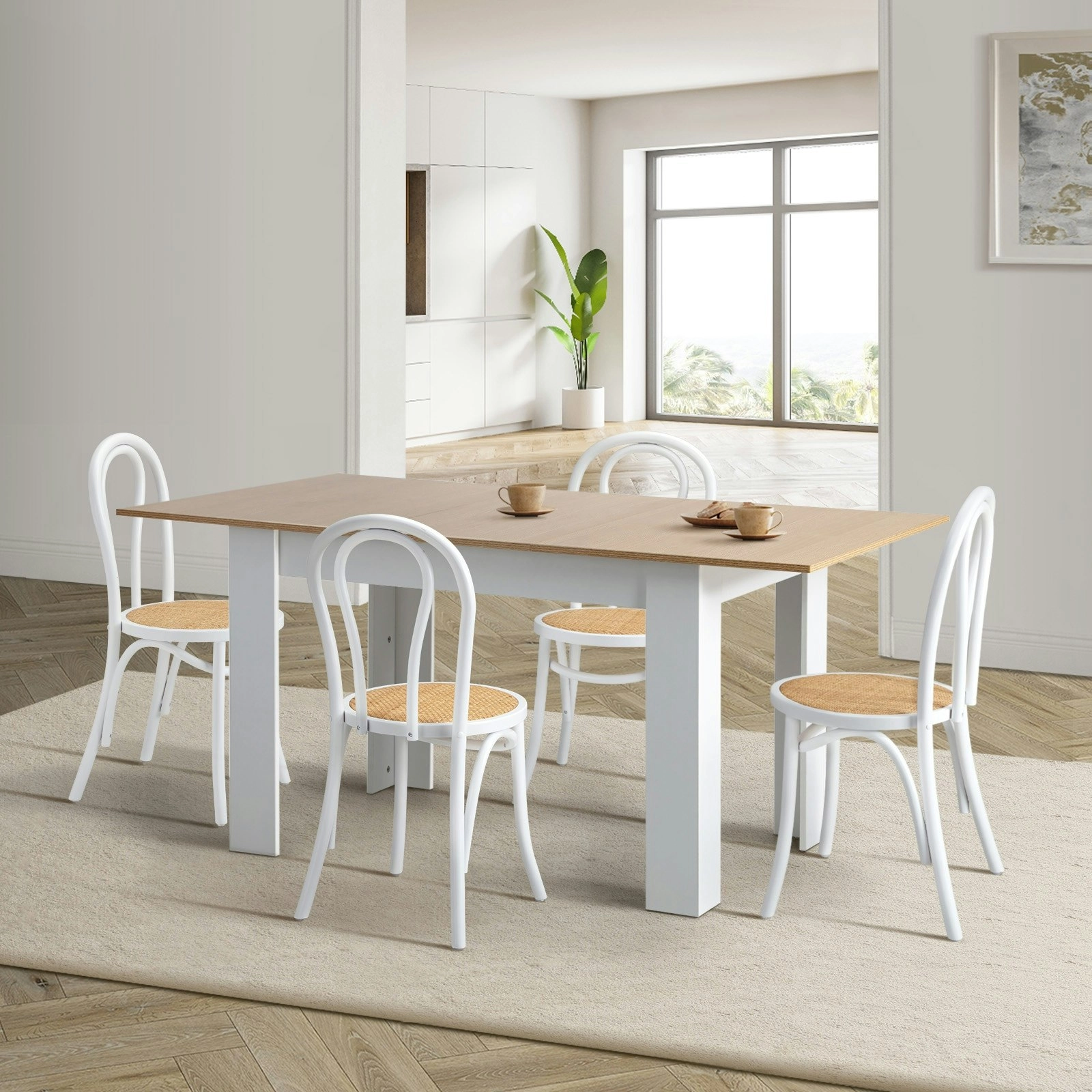 Oikiture 5PCS Dining sets 160cm Extendable Table with Crossback Chairs White