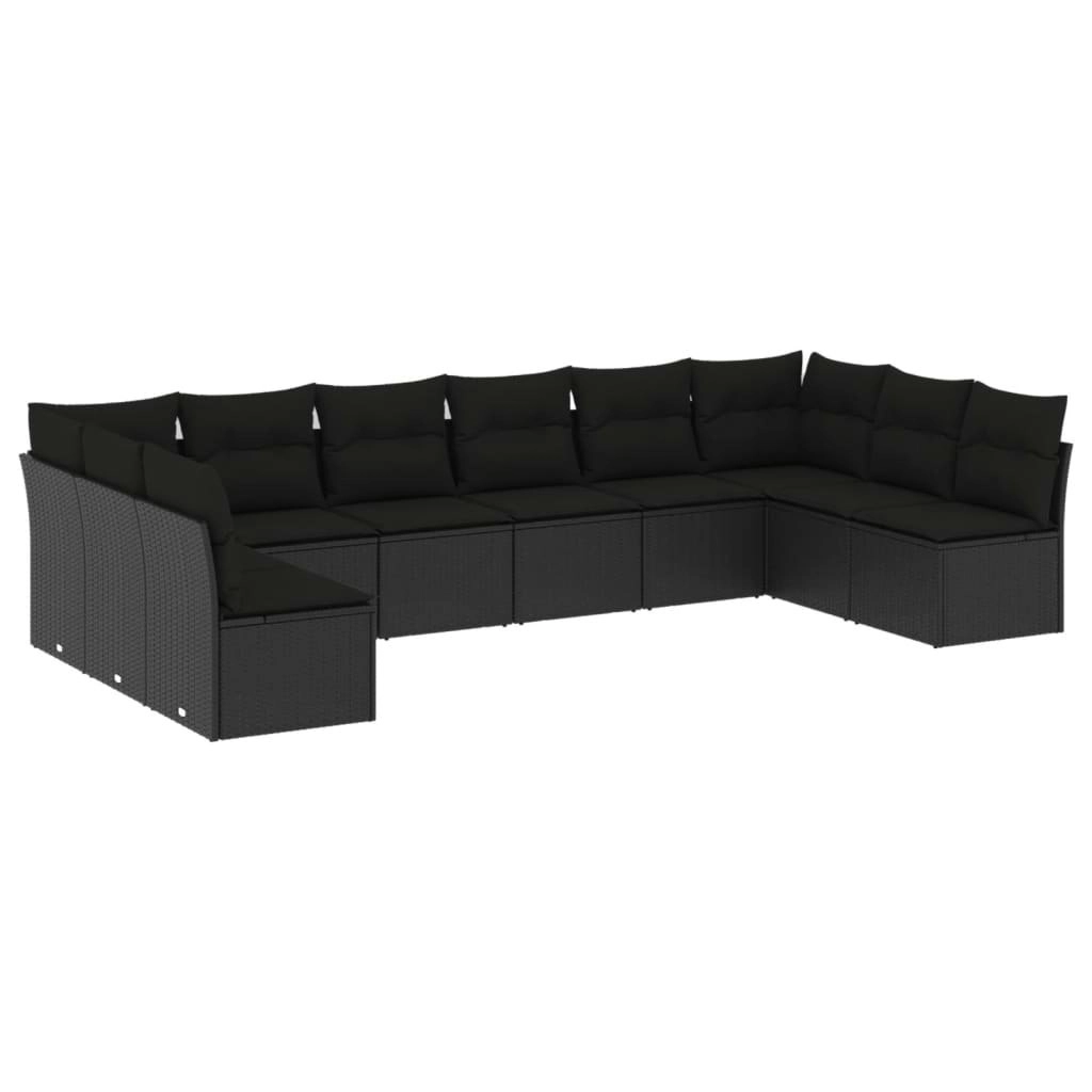 10 Piece Garden Sofa Set with Cushions Black Poly Rattan 3249924