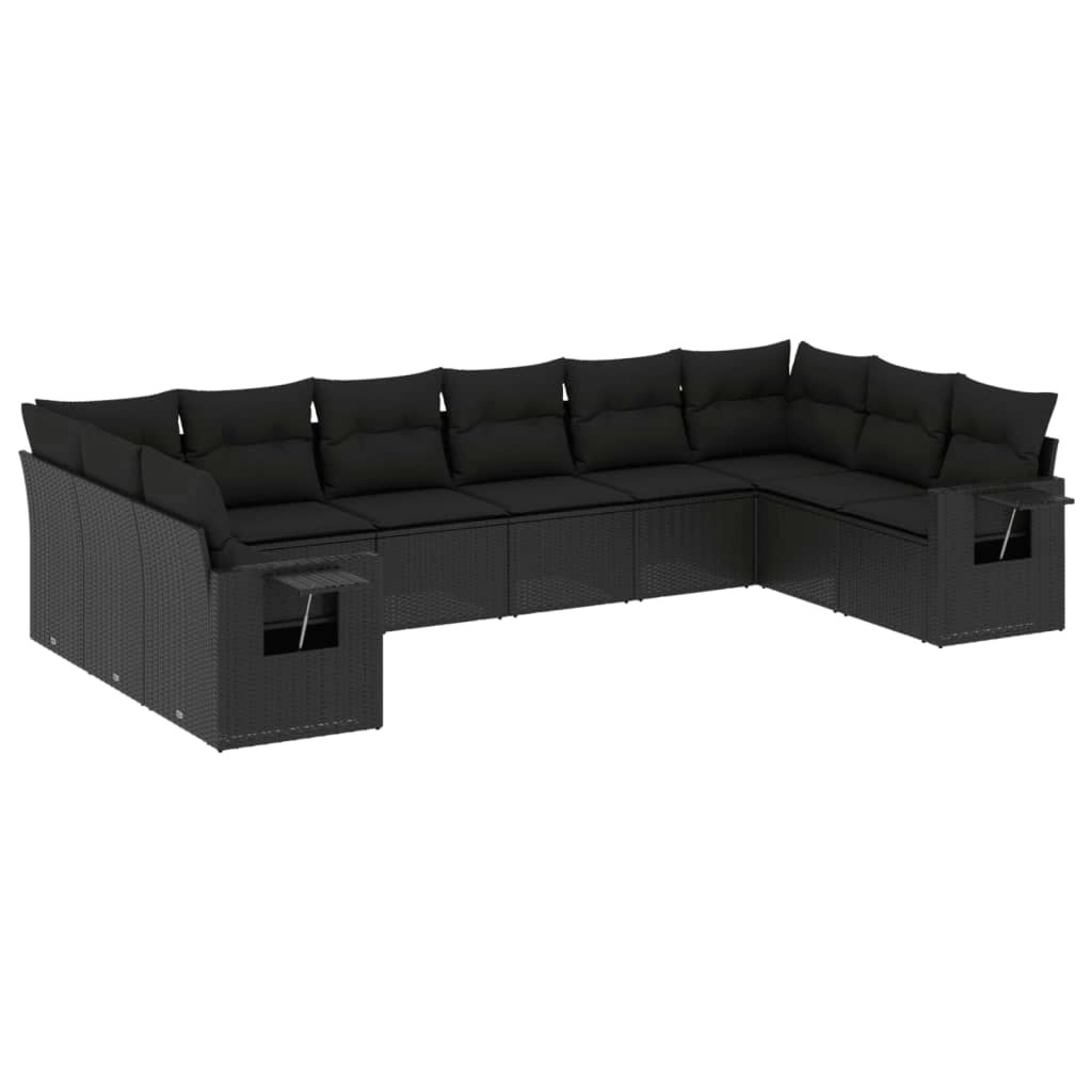 10 Piece Garden Sofa Set with Cushions Black Poly Rattan 3253002