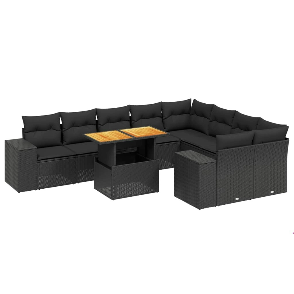 10 Piece Garden Sofa Set with Cushions Black Poly Rattan 3272791