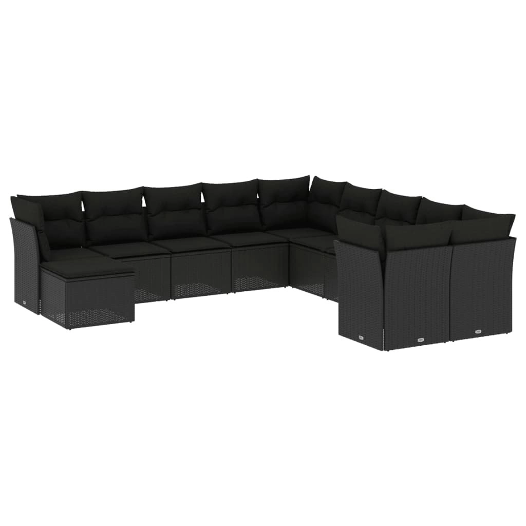 11 Piece Garden Sofa Set with Cushions Black Poly Rattan 3218605