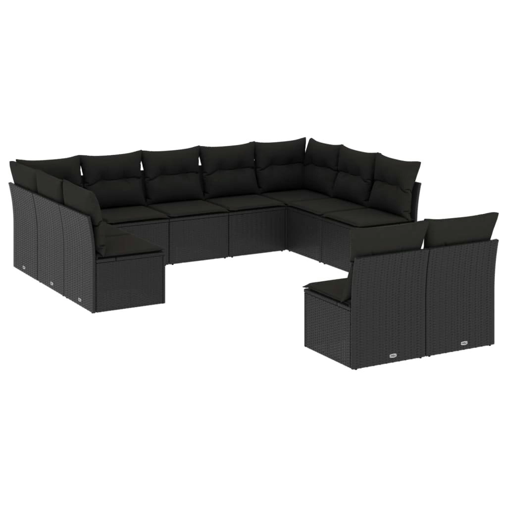 11 Piece Garden Sofa Set with Cushions Black Poly Rattan 3250184