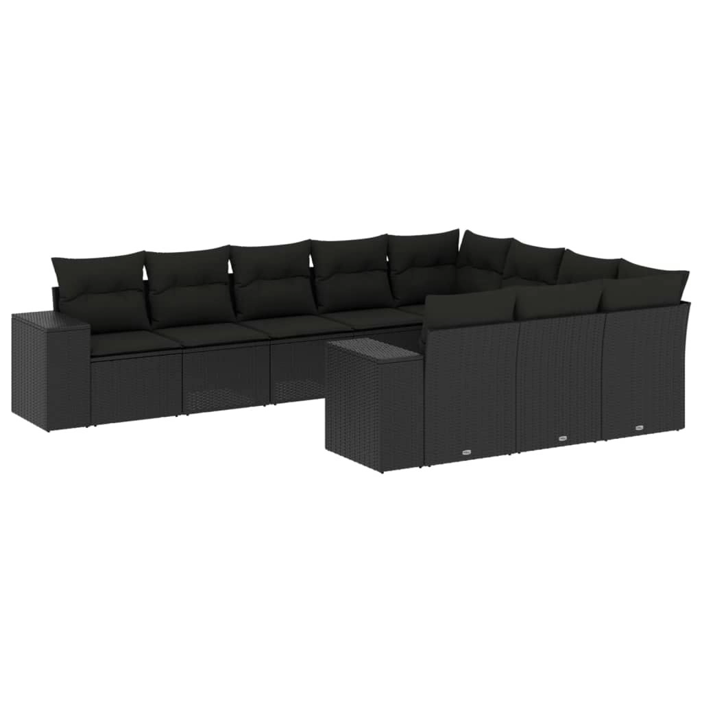 10 Piece Garden Sofa Set with Cushions Black Poly Rattan 3223084