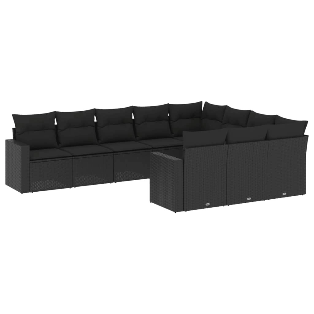 10 Piece Garden Sofa Set with Cushions Black Poly Rattan 3219475