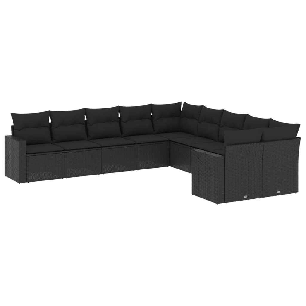 10 Piece Garden Sofa Set with Cushions Black Poly Rattan 3219495