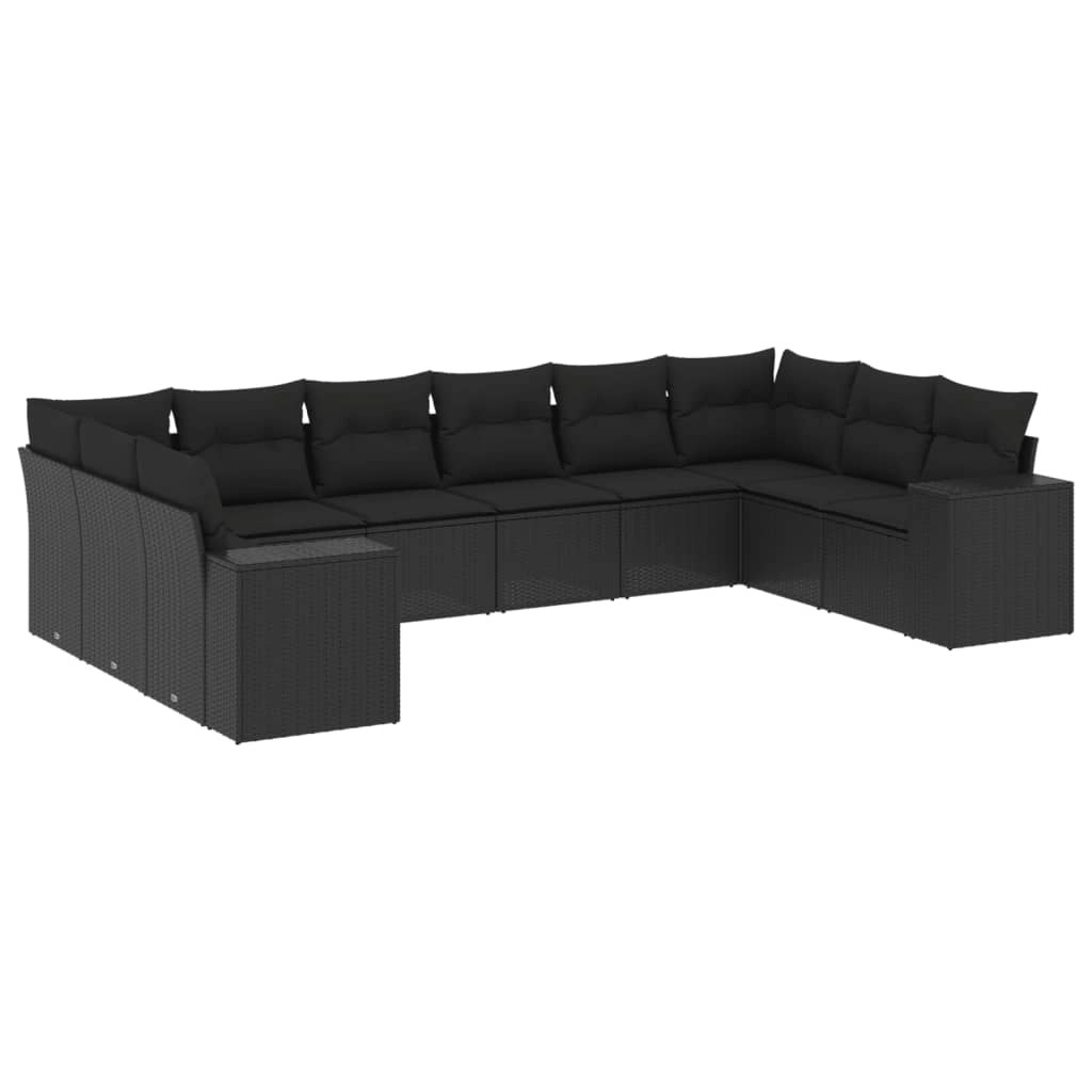 10 Piece Garden Sofa Set with Cushions Black Poly Rattan 3223064