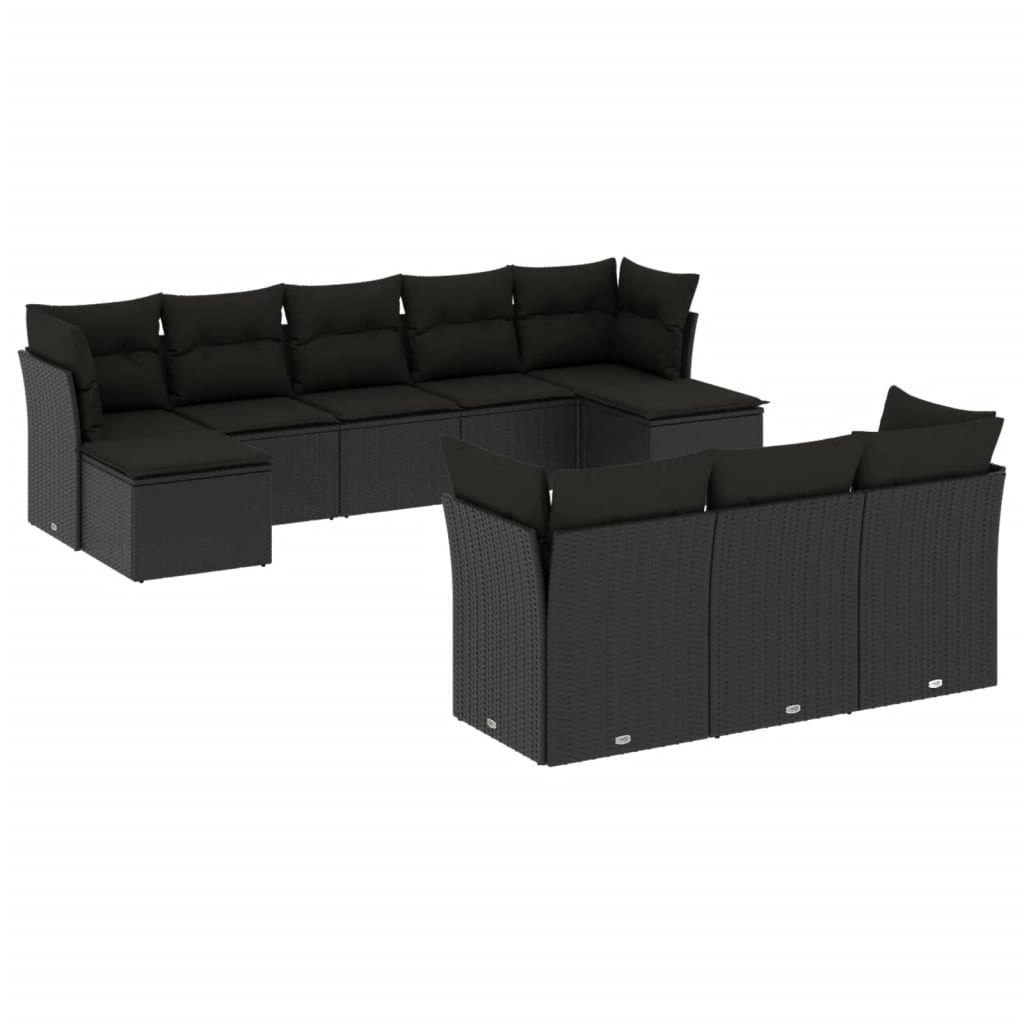 10 Piece Garden Sofa Set with Cushions Black Poly Rattan 3218325