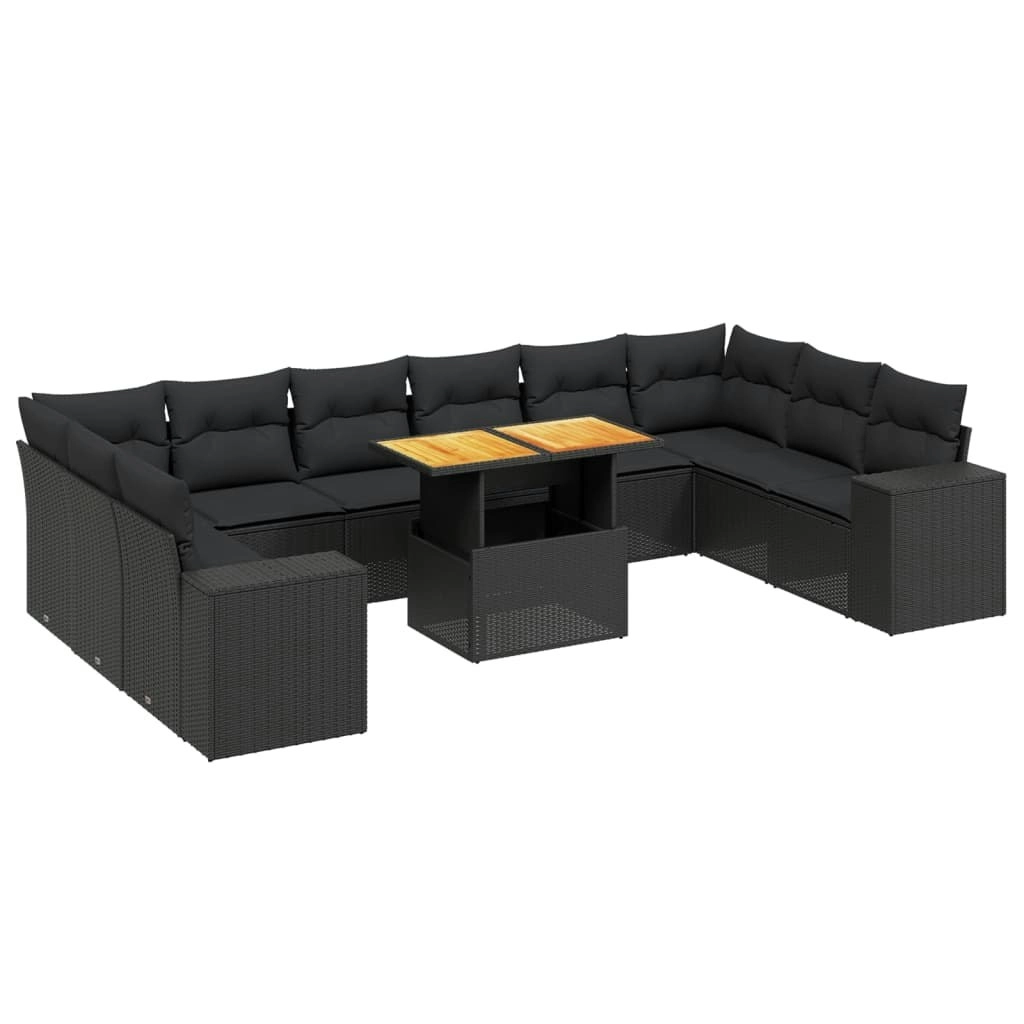 11 Piece Garden Sofa Set with Cushions Black Poly Rattan 3272805