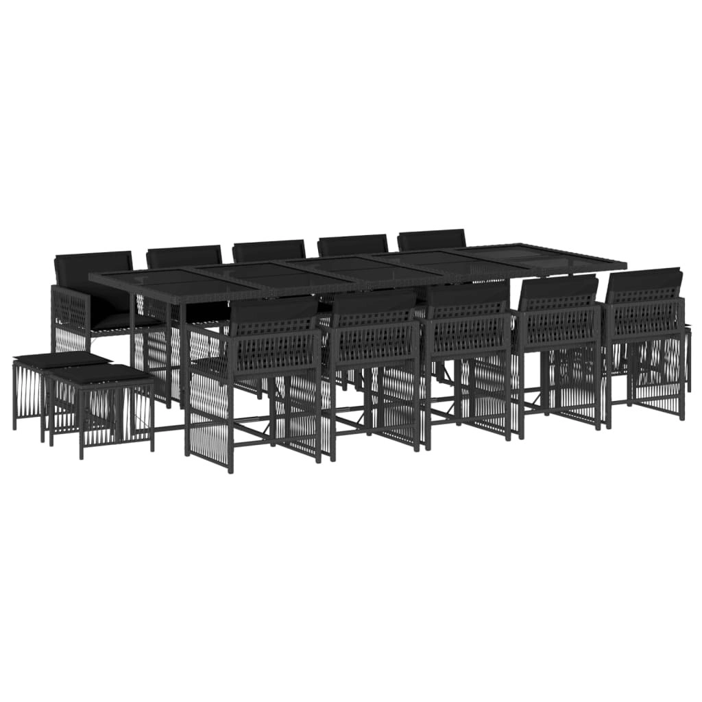 15 Piece Garden Dining Set with Cushions Black Poly Rattan 3211711