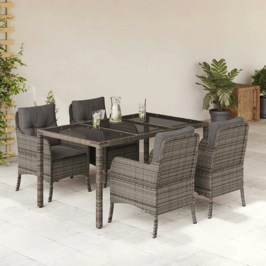 5 Piece Garden Dining Set with Cushions Grey Poly Rattan 3211856