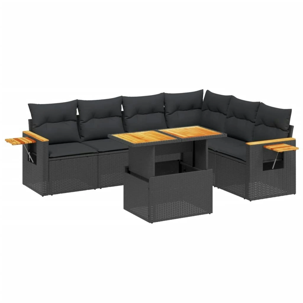 7 Piece Garden Sofa Set with Cushions Black Poly Rattan 3273533