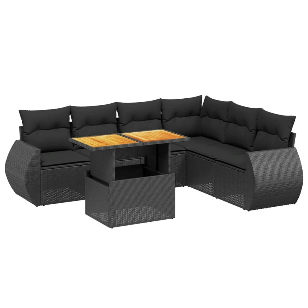 7 Piece Garden Sofa Set with Cushions Black Poly Rattan 3272210