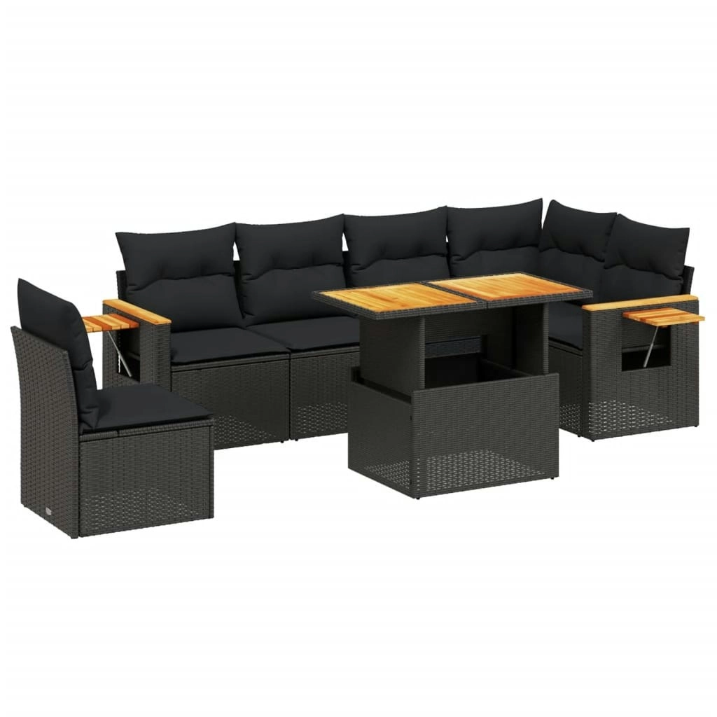 7 Piece Garden Sofa Set with Cushions Black Poly Rattan 3273540