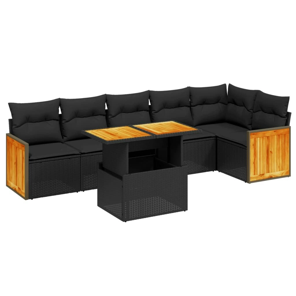 7 Piece Garden Sofa Set with Cushions Black Poly Rattan 3273967