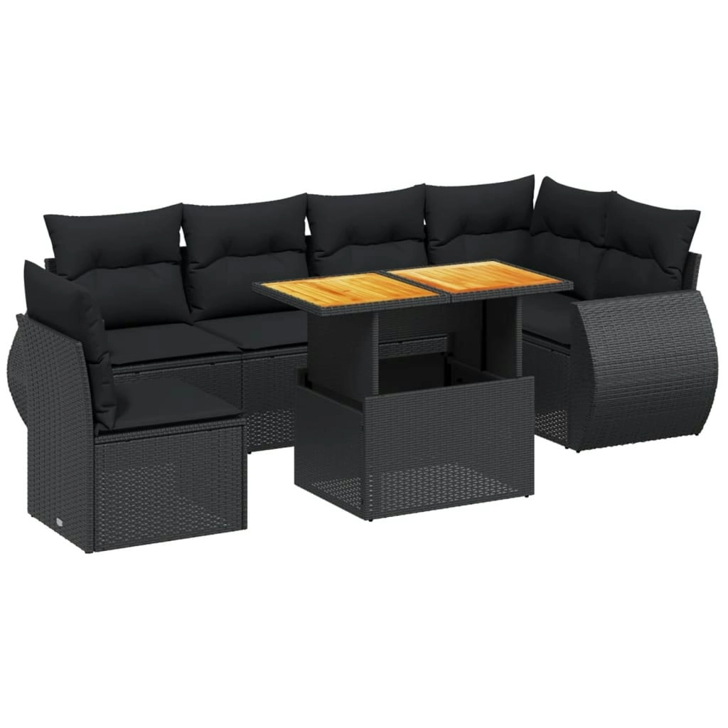 7 Piece Garden Sofa Set with Cushions Black Poly Rattan 3272217