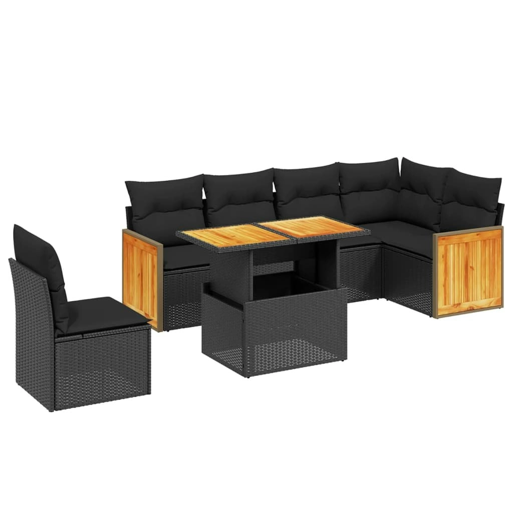 7 Piece Garden Sofa Set with Cushions Black Poly Rattan 3273981