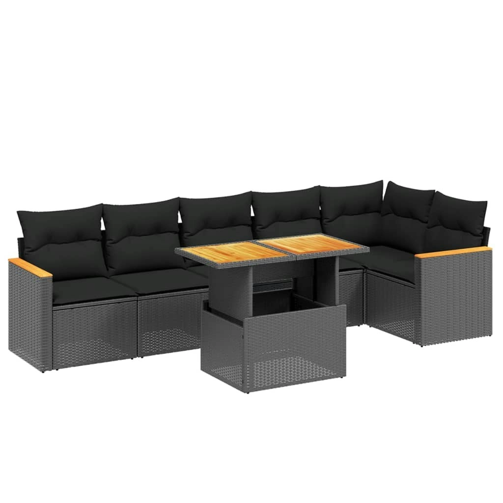 7 Piece Garden Sofa Set with Cushions Black Poly Rattan 3273085