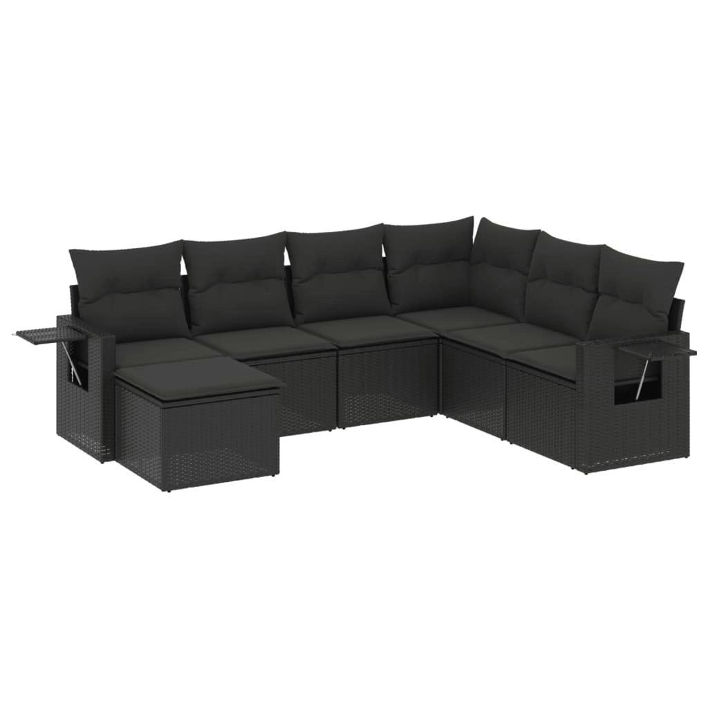 7 Piece Garden Sofa Set with Cushions Black Poly Rattan 3220494