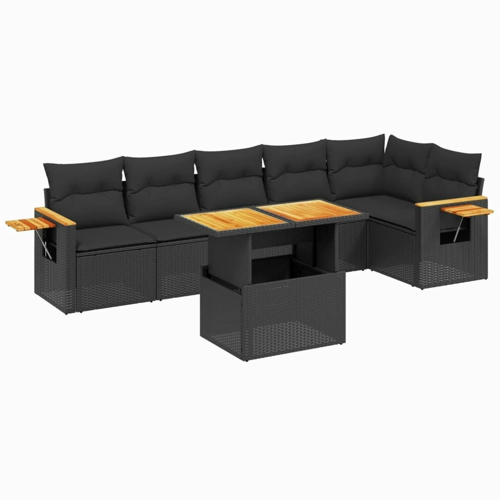 7 Piece Garden Sofa Set with Cushions Black Poly Rattan 3273526