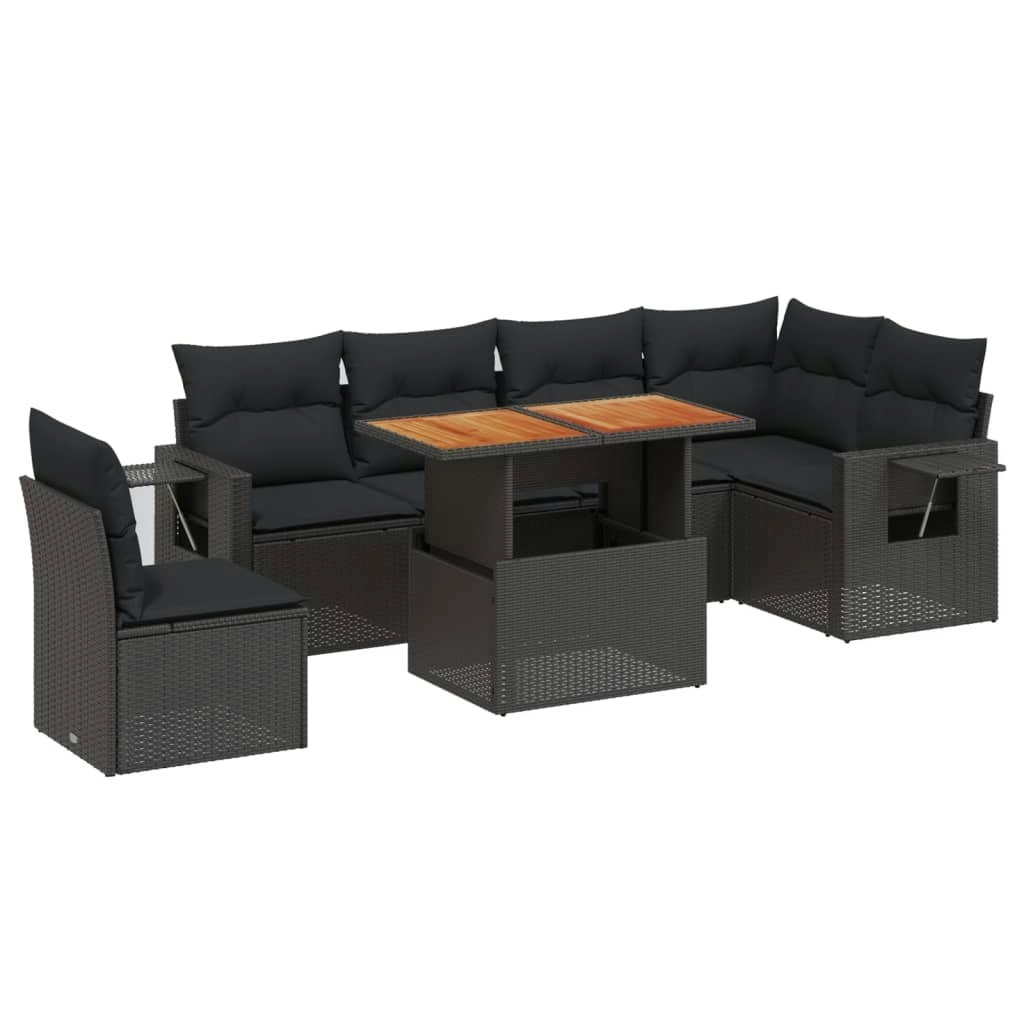 7 Piece Garden Sofa Set with Cushions Black Poly Rattan 3271776