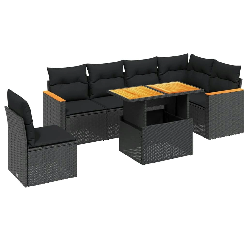 7 Piece Garden Sofa Set with Cushions Black Poly Rattan 3273099