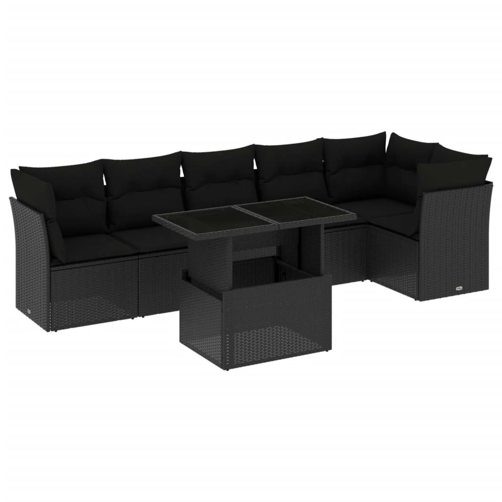 7 Piece Garden Sofa Set with Cushions Black Poly Rattan 3266595