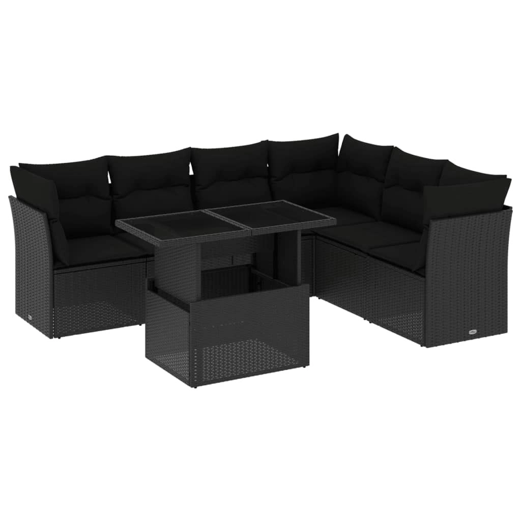 7 Piece Garden Sofa Set with Cushions Black Poly Rattan 3266605