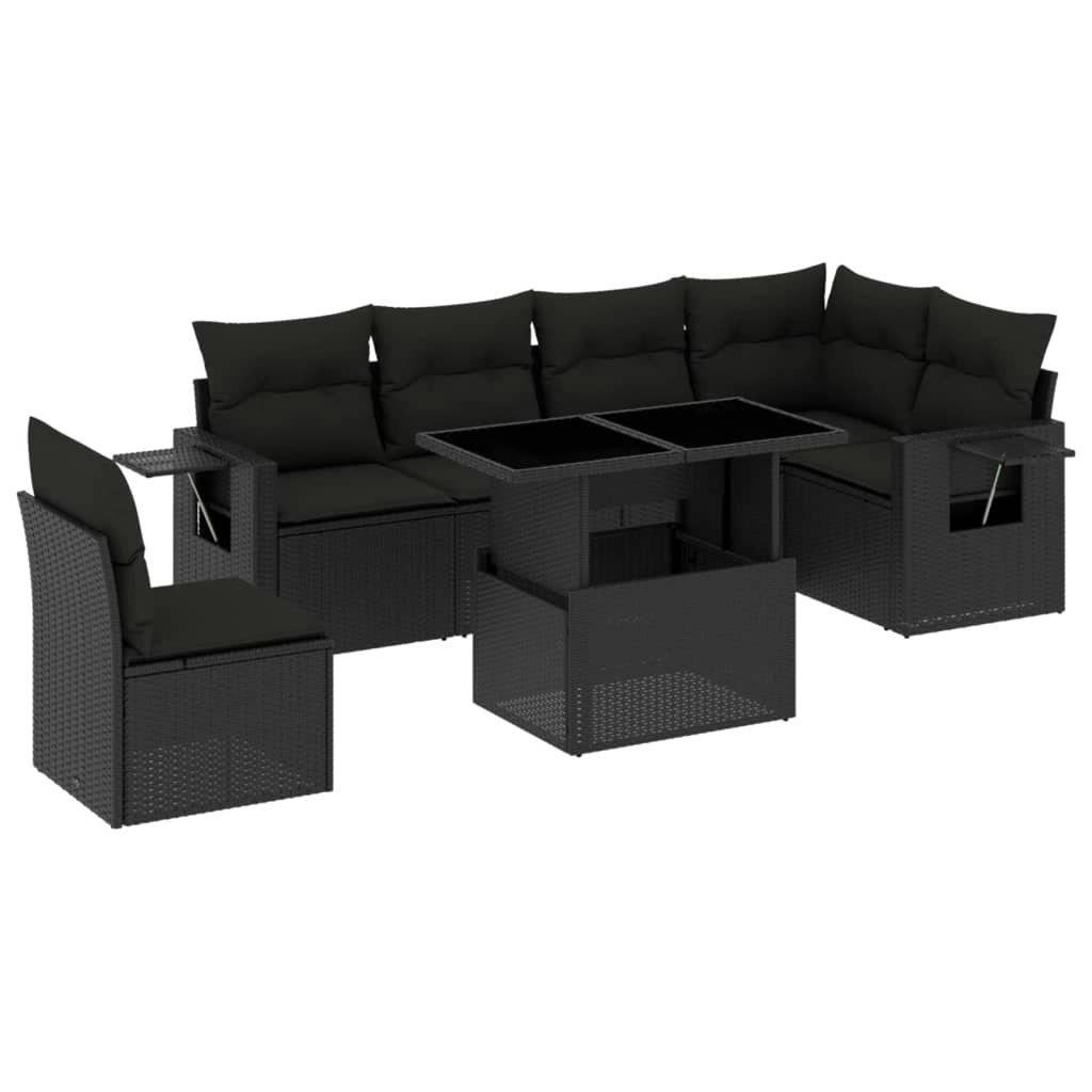 7 Piece Garden Sofa Set with Cushions Black Poly Rattan 3267935