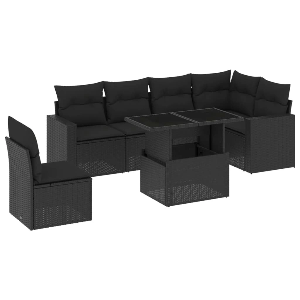 7 Piece Garden Sofa Set with Cushions Black Poly Rattan 3267305