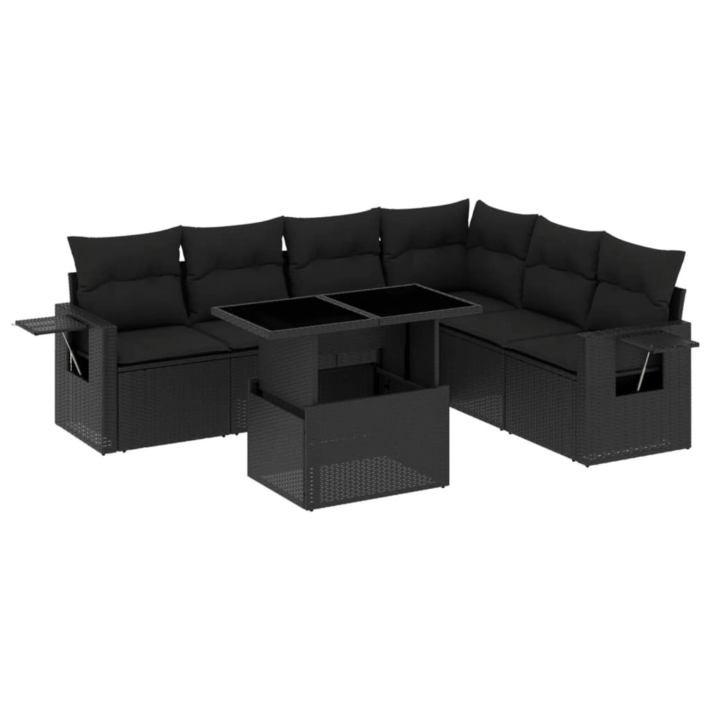 7 Piece Garden Sofa Set with Cushions Black Poly Rattan 3267925