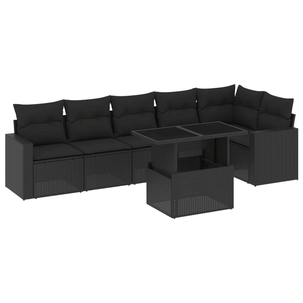 7 Piece Garden Sofa Set with Cushions Black Poly Rattan 3267285