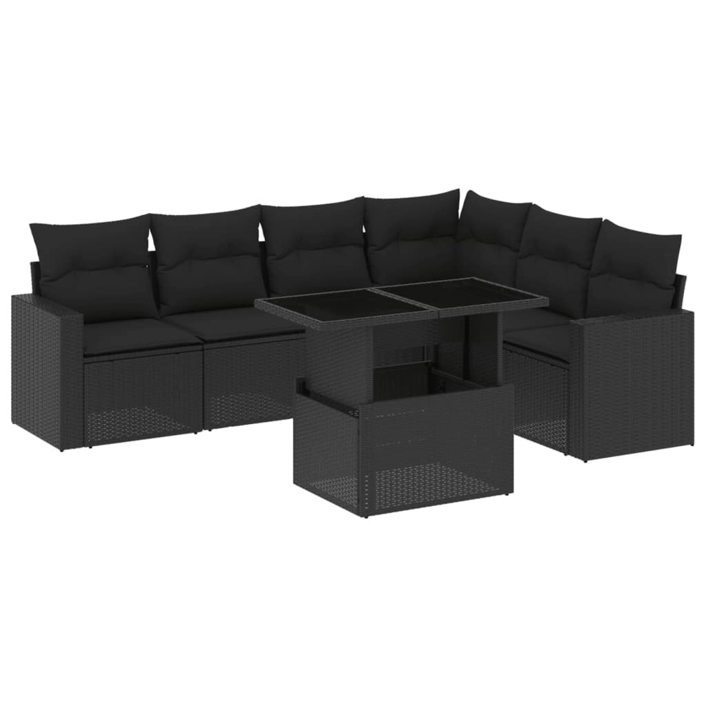 7 Piece Garden Sofa Set with Cushions Black Poly Rattan 3267295