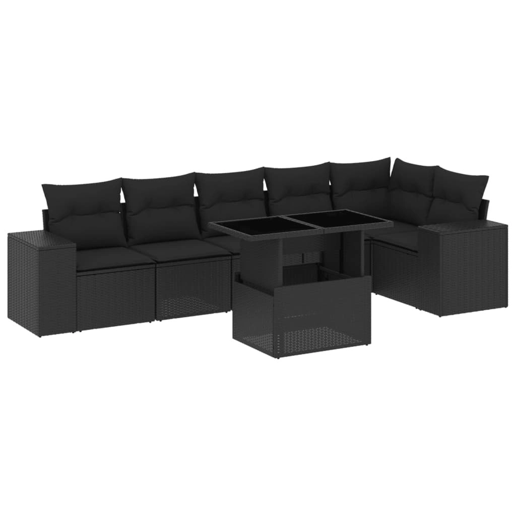 7 Piece Garden Sofa Set with Cushions Black Poly Rattan 3269175