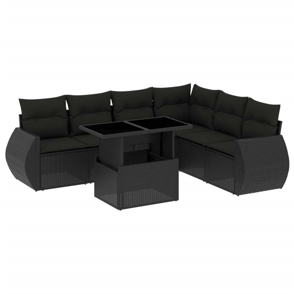 7 Piece Garden Sofa Set with Cushions Black Poly Rattan 3268555