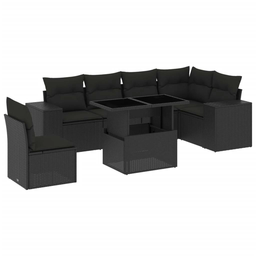 7 Piece Garden Sofa Set with Cushions Black Poly Rattan 3269195