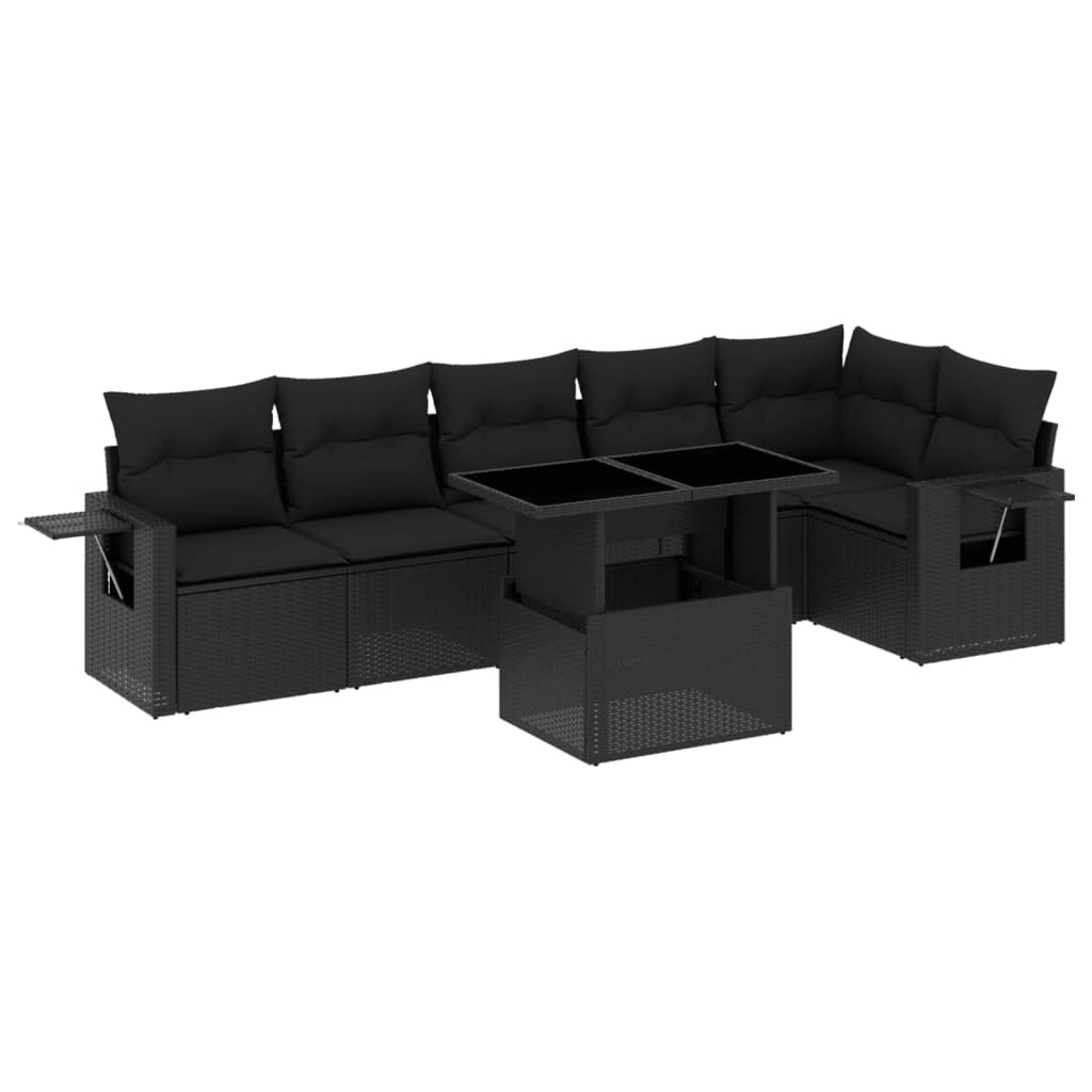 7 Piece Garden Sofa Set with Cushions Black Poly Rattan 3267915