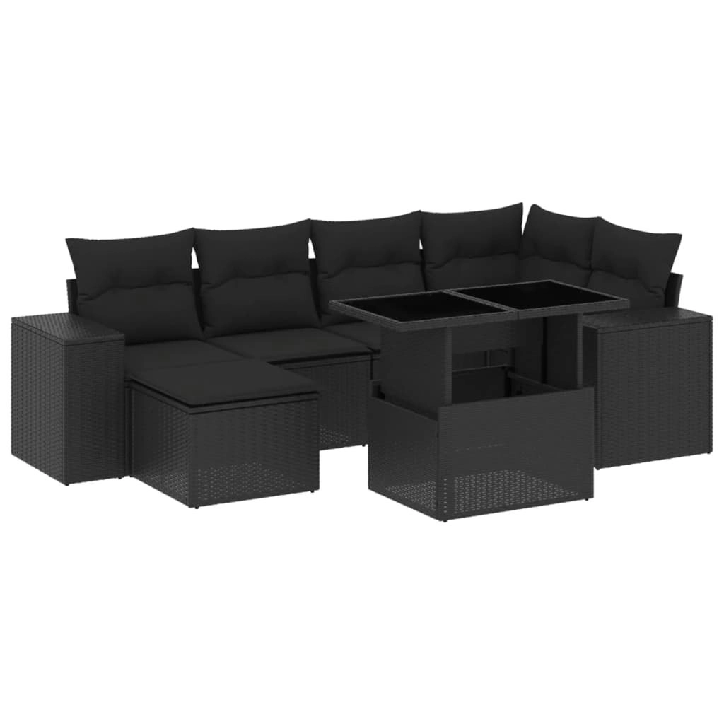 7 Piece Garden Sofa Set with Cushions Black Poly Rattan 3269305