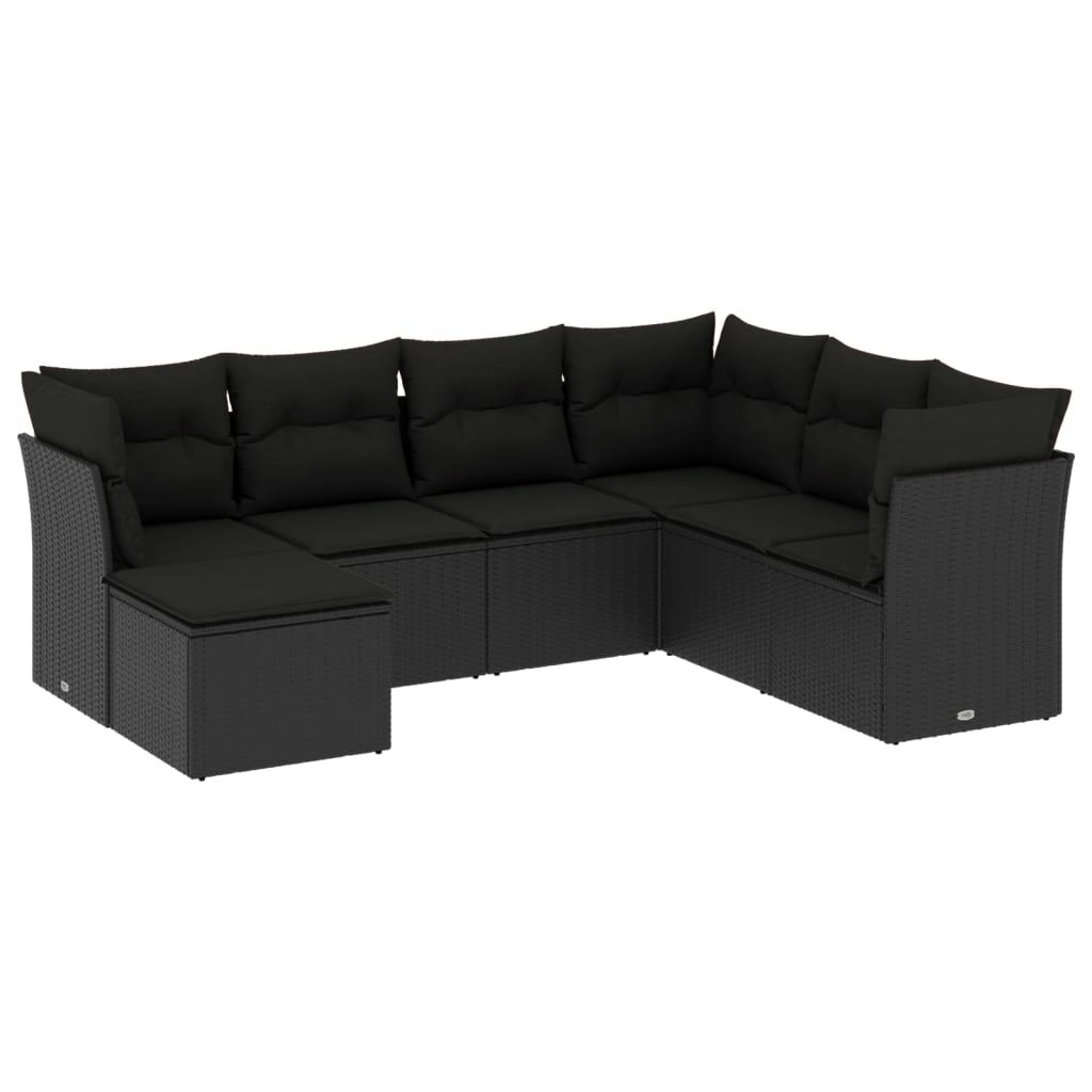 7 Piece Garden Sofa Set with Cushions Black Poly Rattan 3217985