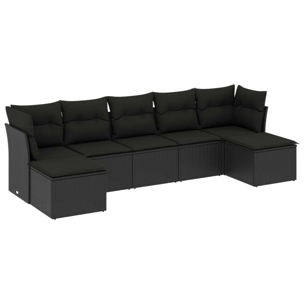 7 Piece Garden Sofa Set with Cushions Black Poly Rattan 3218025