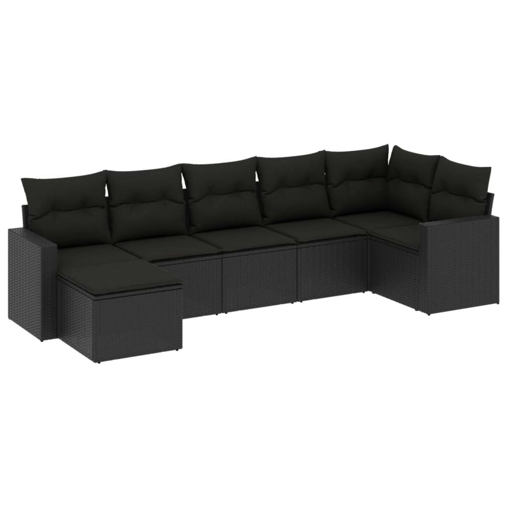 7 Piece Garden Sofa Set with Cushions Black Poly Rattan 3219265