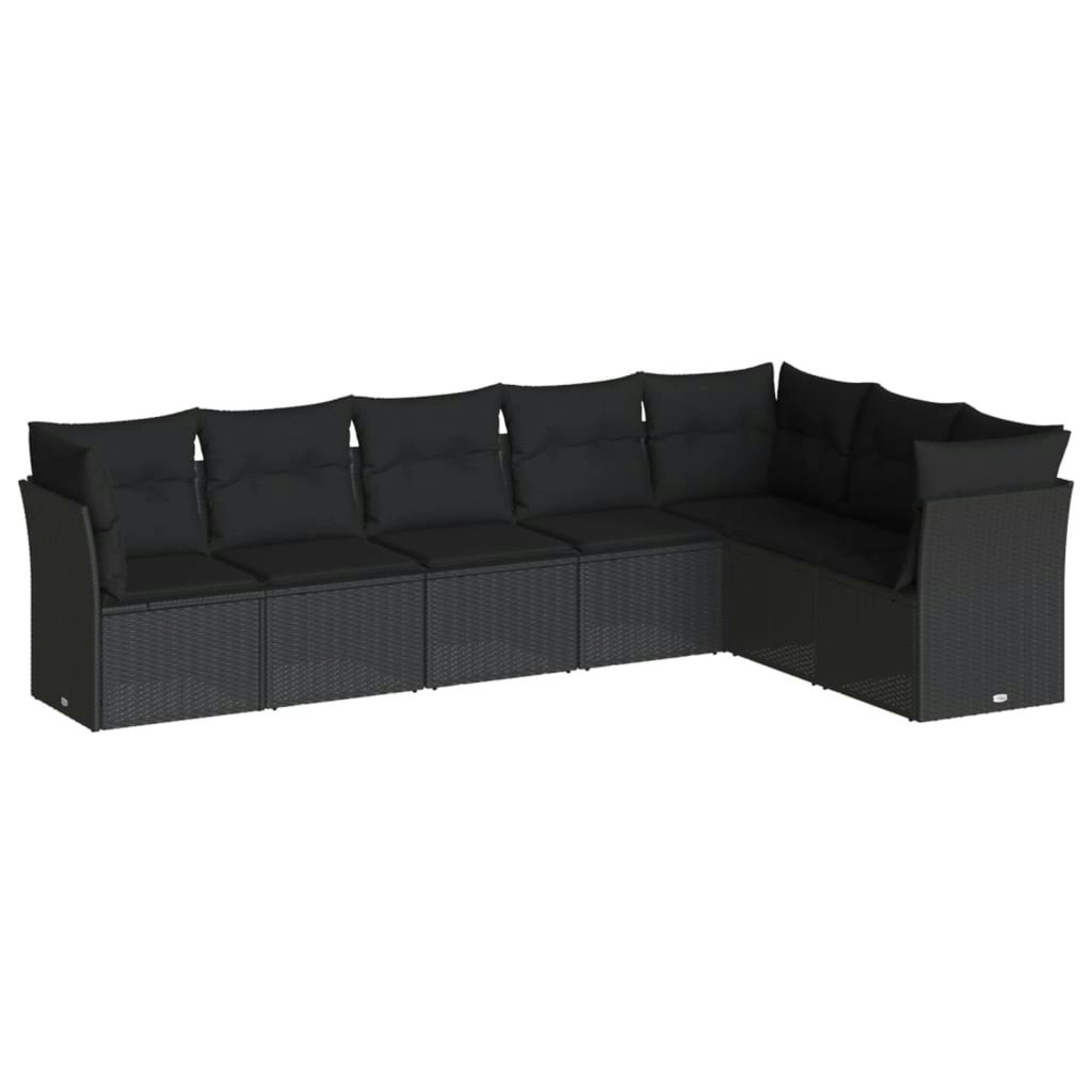 7 Piece Garden Sofa Set with Cushions Black Poly Rattan 3249574