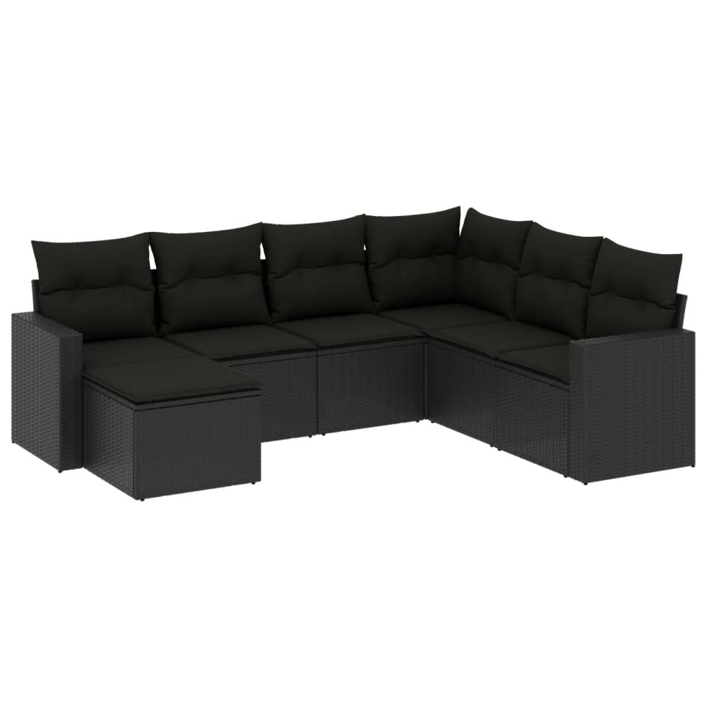 7 Piece Garden Sofa Set with Cushions Black Poly Rattan 3219285