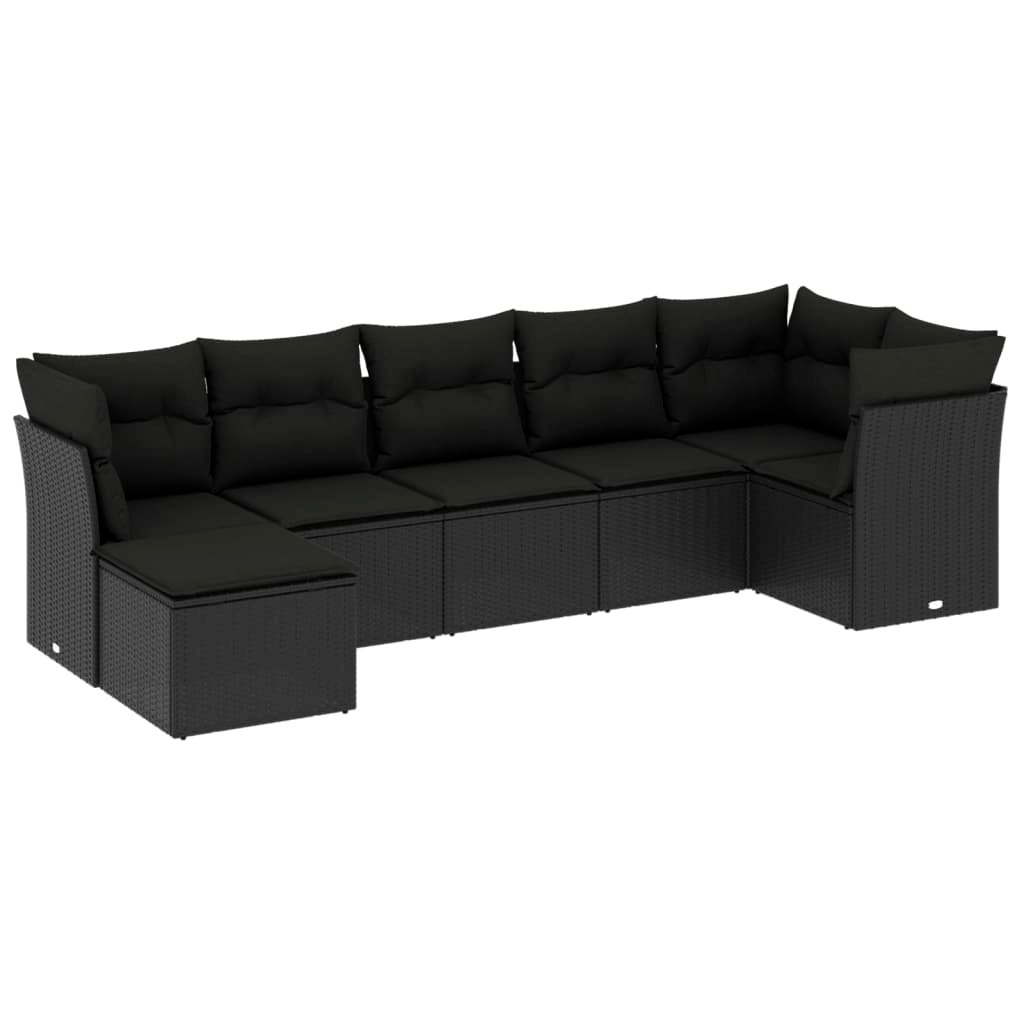 7 Piece Garden Sofa Set with Cushions Black Poly Rattan 3249804