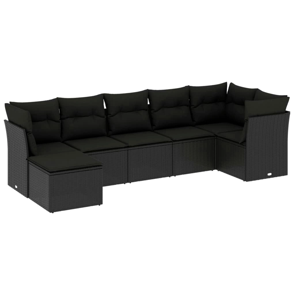 7 Piece Garden Sofa Set with Cushions Black Poly Rattan 3217965