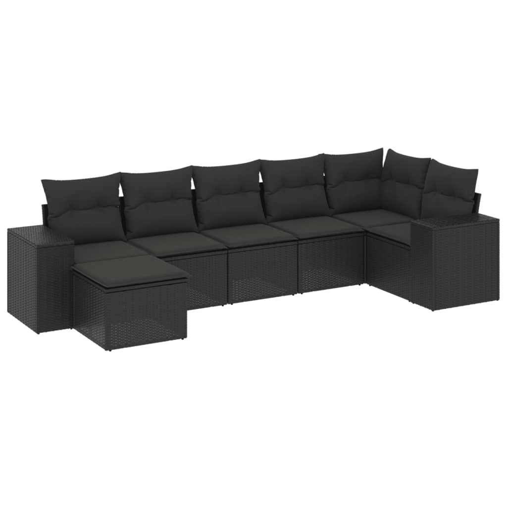 7 Piece Garden Sofa Set with Cushions Black Poly Rattan 3255212