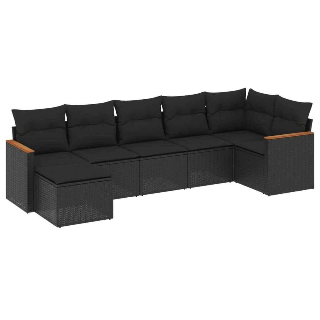 7 Piece Garden Sofa Set with Cushions Black Poly Rattan 3258590