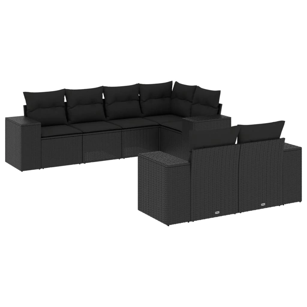 7 Piece Garden Sofa Set with Cushions Black Poly Rattan 3222804